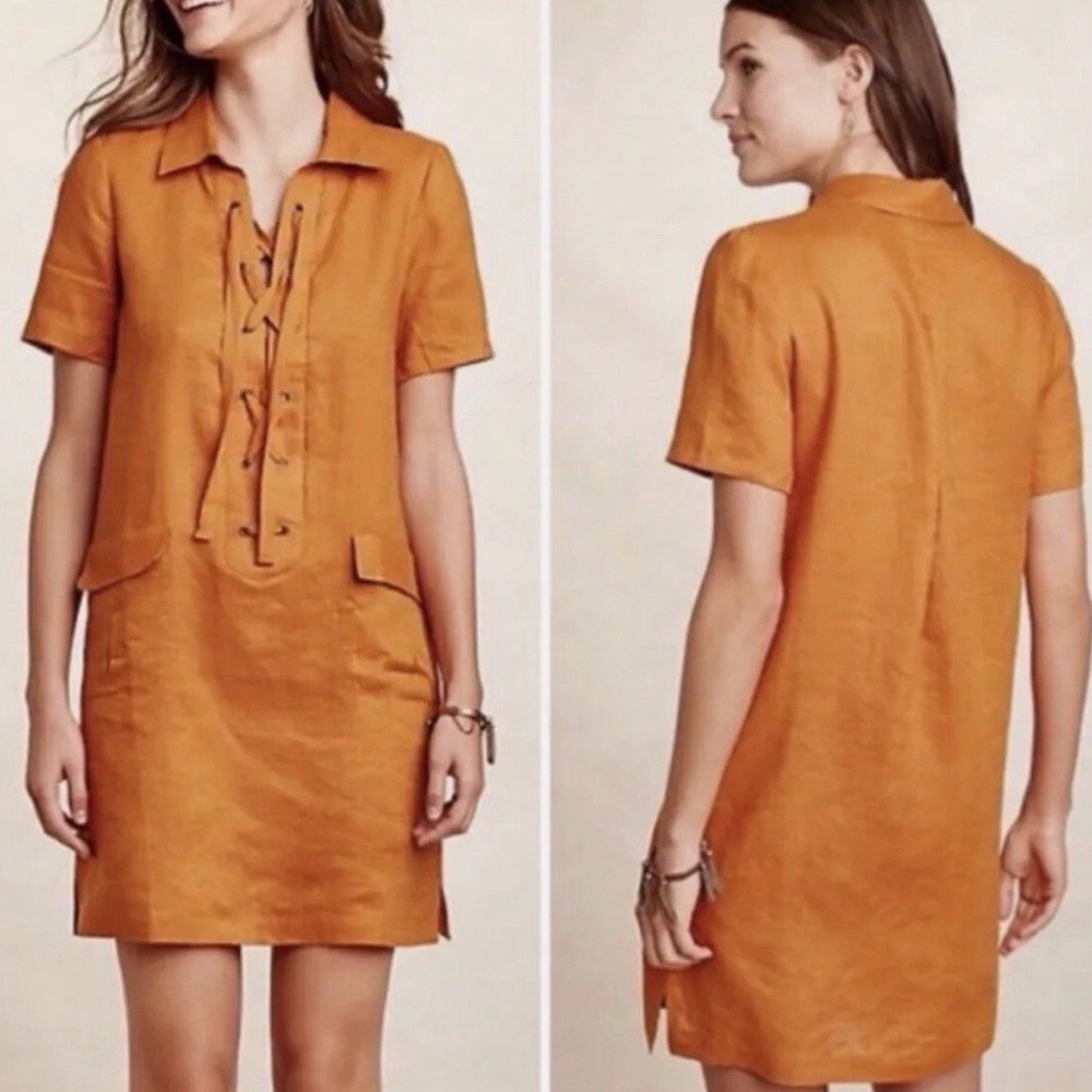 Anthropologie Maeve Burnt Orange Lace Up Linen Mini Dress Size 0